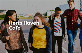 Image showing young people walking together in car park with text: Herts Haven cafe