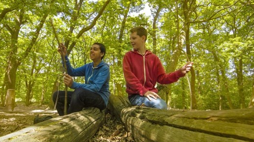 2 boys on a log in some woods